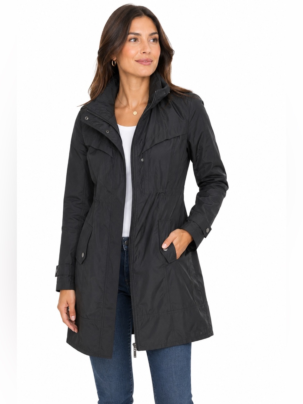 Cole Haan Black Hooded‎ Rain Jacket Women’s Lg Travel Water Resistant Tie Back